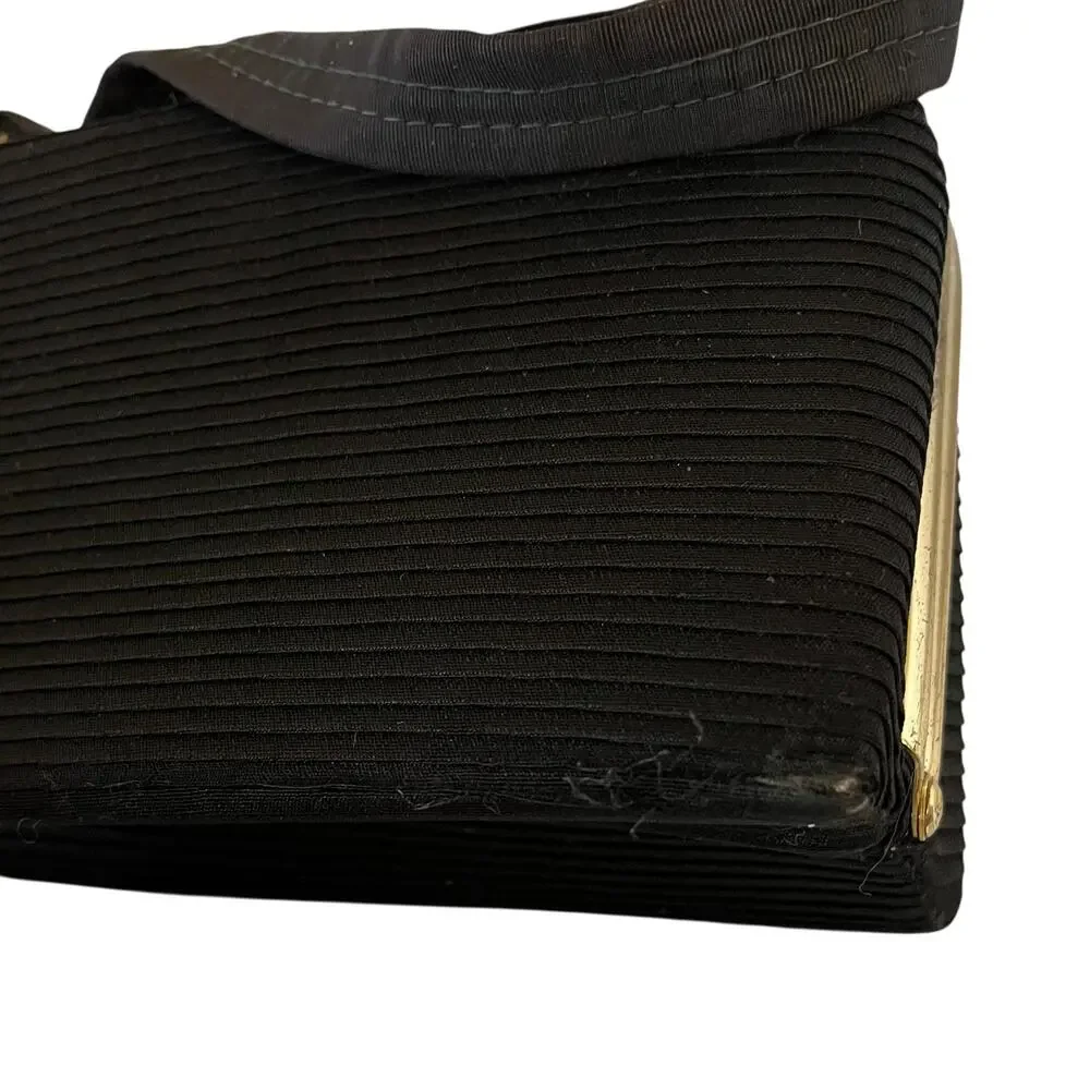 1950s Vintage Black Pleated Faille Top Handle Frame Handbag